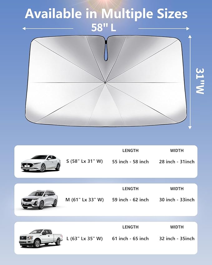 Windshield Sun Shade Umbrella for Car, Foldable Car Windshield Sunshade UV Block Heat Insulation, Fits Sedan SUV Truck, Compatible with Camry Accord Civic CRV Model Y Ideal Gifts for Men & Women