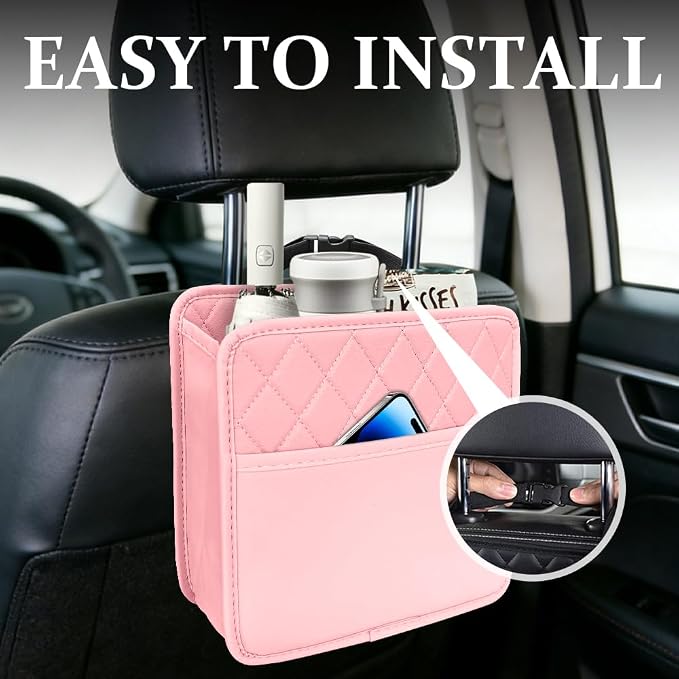 Car Seat Back Organizer, Leather Backseat Hanging Storage Bag, Multipurpose Car Hanging Trash Bag with 2 Compartments, Car Large Capacity Pouch Pocket for Kids & Adults (Pink)