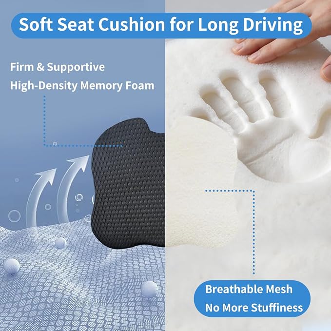 Car Seat Cushion for Long Driving Memory Foam Wedge Cushion for Back Pain & Tailbone Pain Relief Non Slip & Ergonomic Car Seat Pillow Pad, Universal Fit for Most Car Truck Office Chair & Wheelchair