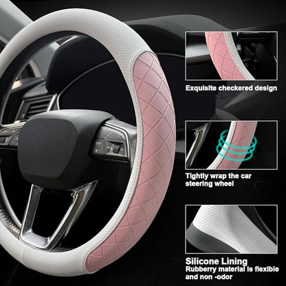 LKWLIKEI Nappa Leather Steering Wheel Cover,Elegant Diamond Checkered Design, Non-Slip wear-Resistant, Enhance Driving Comfort, Suitable for Steering Wheel Diameter 14 1/2‘-15’ Models.White and Pink
