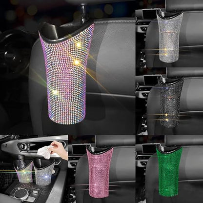 Riloer Bling Car Trash Can Rhinestones Car Trash Can for WomenGlittering Vehicles Trash Can Designed for Small Folding Umbrella Car Trash Bin Red