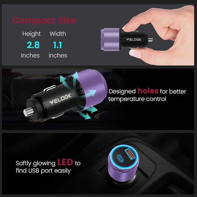 VELOGK Super Fast Type C Car Charger [73W Turbo], Fast Adaptive 55W 45W PPS/PD&QC3.0 USB C Car Adapter[Super Fast Charging 2.0]for Samsung S26/S25 Ultra/S24 Ultra/S23 Ultra/S22+/S21, iPad Pro(Purple)