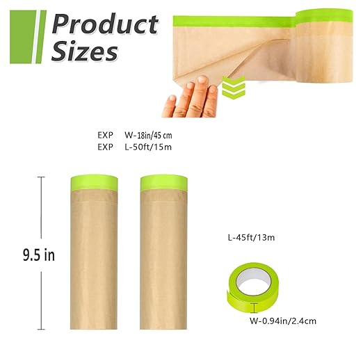Masking Paper, paint masking, 2 Pack Automotive Paint Paper Roll with Tape, Tape and Drape for Painting, Assorted Paint Masking Paper for Car and Furniture (Unfold 18 inch Width X 100 ft Long)