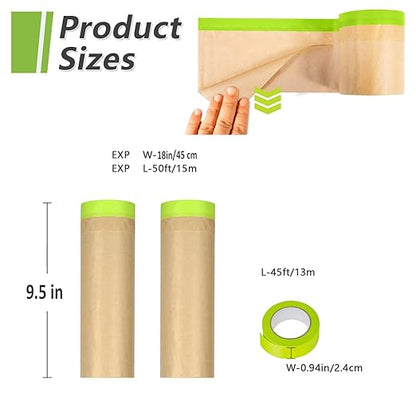 Masking Paper, paint masking, 2 Pack Automotive Paint Paper Roll with Tape, Tape and Drape for Painting, Assorted Paint Masking Paper for Car and Furniture (Unfold 18 inch Width X 100 ft Long)