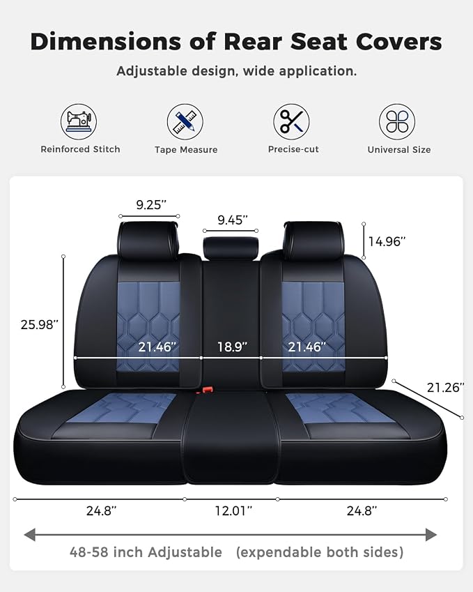 Huidasource Seat Covers Full Set, Universal Fit for Most Cars SUVs Trucks, Full Coverage Leather Seat Cover, Airbag, Cupholder Compatible, Seat Function Retain, Easy Install with Velcro, Black&Blue