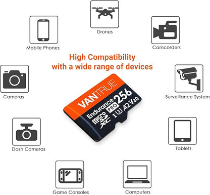 Vantrue 256GB microSDXC UHS-I U3 4K UHD Video High Speed Transfer Monitoring SD Card with Adapter for Dash Cams, Body Cams, Action Camera, Surveillance & Security Cams
