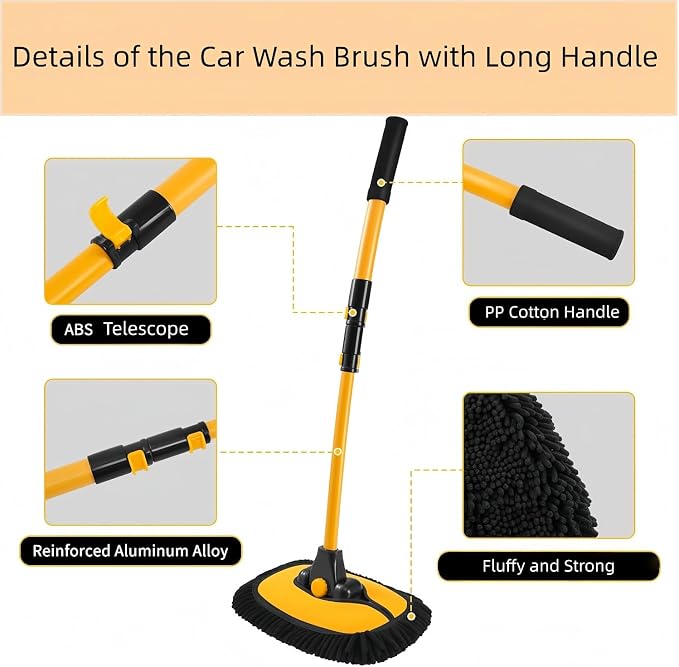 Car Wash Brush with Long Handle, 15°Curved Car Cleaning Brush with Extension Pole Scratch Free, Microfiber Exterior Cleaning Mop Mitt for Washing Roof Truck Camper SUV (2)