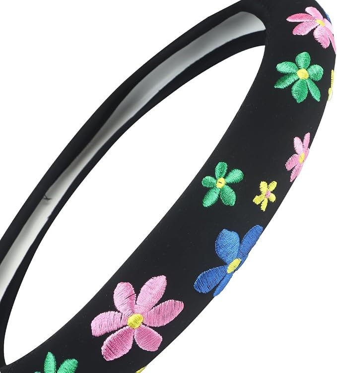 Embroidery Cute Steering Wheel Cover-Deluxe Floral Car Decor,Anti-Slip,Sweat Absorption,Universal 15 inch (floral1)