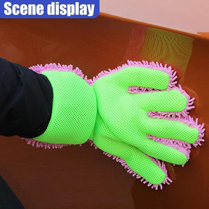 2PCS Car Wash Mitts, Double Sided Chenille Microfiber Dusting Gloves with 5-Finger Design, Anti-Scratch Auto Interior Exterior Detailing Mitt for Cleaning Wheel Tight Spot (Purple)