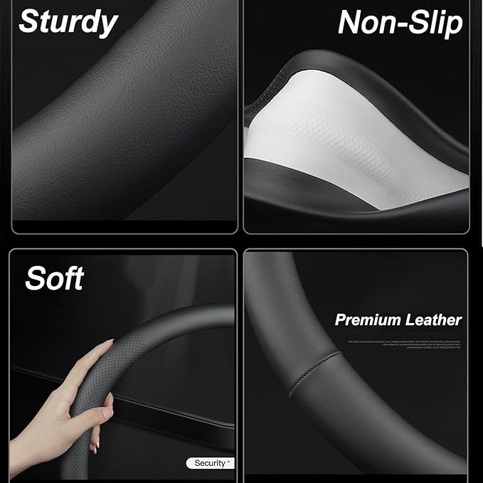 XHRING Car Steering Wheel Cover for Mazda CX5/CX-5 CX50/CX-50 CX3/CX-3 CX30/CX-30 CX9/CX-9 Mazda 3 Mazda 5 Mazda 6 MX-5 Miata CX-7 RX-8 GS GT Sport Touring Accessories, 2026 Black Leather 14 1/2"-15"