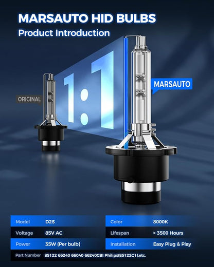 Marsauto D2S D2R HID Bulbs, 85122 66240 66040 66240 HID Xenon Bulbs, 35W D2S 8000K White Blue, Pack of 2