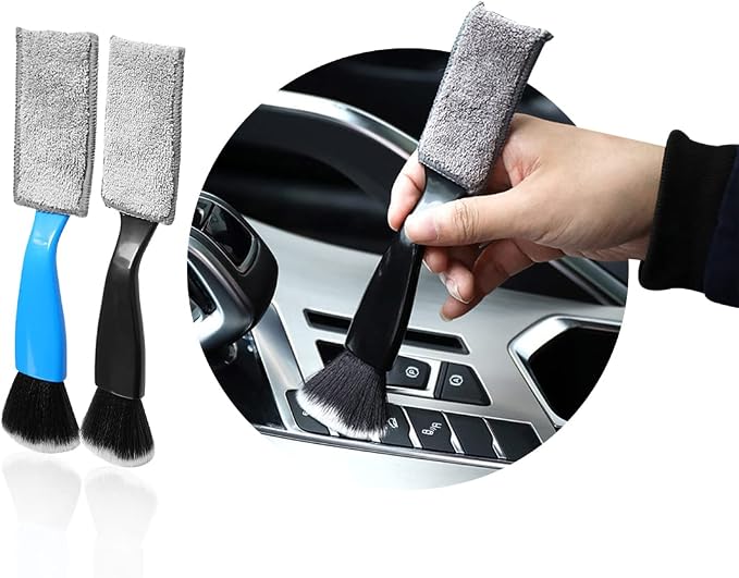 Ziciner 2 PCS Double Head Brush for Car Clean, Soft Auto Interior Duster Detailing Brushes, Universal Vehicle Dashboard Screen, Air Vents, Computer etc Cleaning Tool Accessories (Black+Blue)