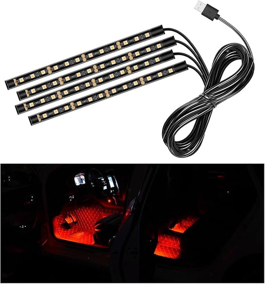Car LED Strip Light, 48 LEDs RGB Neon Interior Atmosphere Lights, 12V Under Dash Ambient Night Light, USB Port Auto Interior Decorative Lamp, Universal Car Accessories (Red)