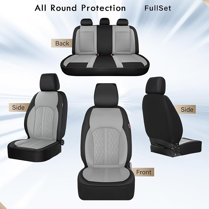 Coverado Universal Leather Seat Covers Full Set for 5 Seats – Waterproof, Durable All-Weather Protector for SUV, Pickup Truck, Sedan （Black&Gray）