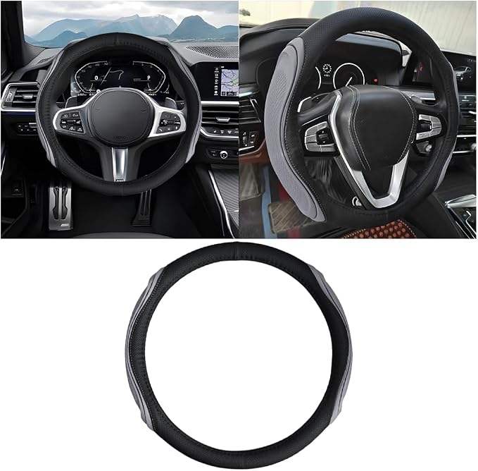 Osilly 15 Inch Car Leather Steering Wheel Cover, Automotive Accessories Elastic Breathable Anti-Slip Soft Wheel Protector Fits Men and Women, Suitable for SUVs, Trucks, Vehicles and RVs (Gray-1)