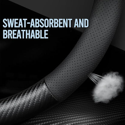 Carbon Fiber Leather car Steering Wheel Cover, Comfortable and Anti-Skid, Universal 15 inch (Black)