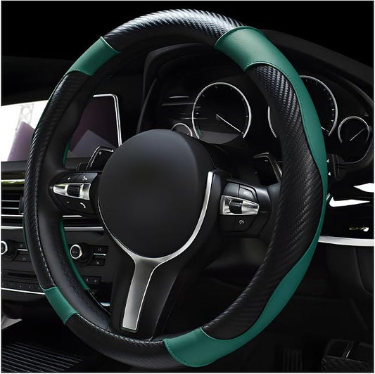 povtii Car Steering Wheel Cover, 15 Inch Leather Breathable Auto Steering Wheel Protector, Comfortable Non-Slip Vehicle Steering Wheel Covers, Universal Car Accessories (Dark Green, with Lining)