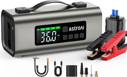 AstroAI 2500A Portable Car Battery Jump Starter with 150PSI Air Compressor 30W Quick Charger, 14800mAh Jump Box (7.5L Gas & 5.0L Diesel) 12V Jump Box with Booster, LED Light, Jumper Cables