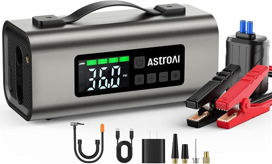 AstroAI 2500A Portable Car Battery Jump Starter with 150PSI Air Compressor 30W Quick Charger, 14800mAh Jump Box (7.5L Gas & 5.0L Diesel) 12V Jump Box with Booster, LED Light, Jumper Cables