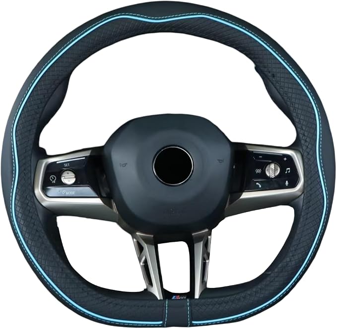 Mayco Bell Flat Bottom Steering Wheel Cover Anti-Slip,Safety,Soft,Breathable,Durable,Full Surround,Comfortable Grip Microfiber Leather (D-Shape, Black Blue)