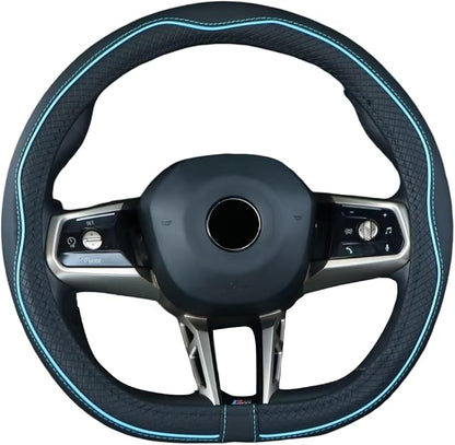 Mayco Bell Flat Bottom Steering Wheel Cover Anti-Slip,Safety,Soft,Breathable,Durable,Full Surround,Comfortable Grip Microfiber Leather (D-Shape, Black Blue)