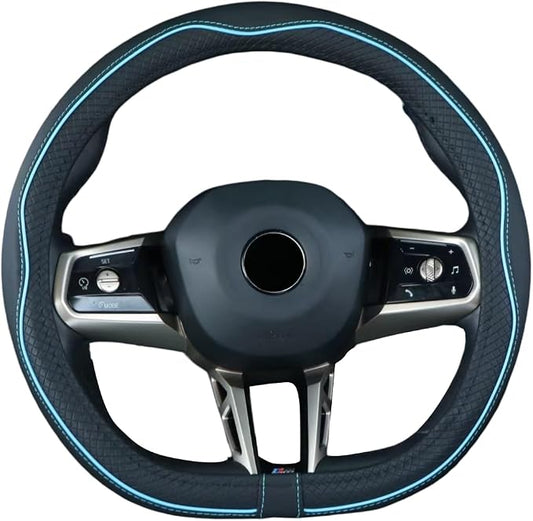 Mayco Bell Flat Bottom Steering Wheel Cover Anti-Slip,Safety,Soft,Breathable,Durable,Full Surround,Comfortable Grip Microfiber Leather (D-Shape, Black Blue)