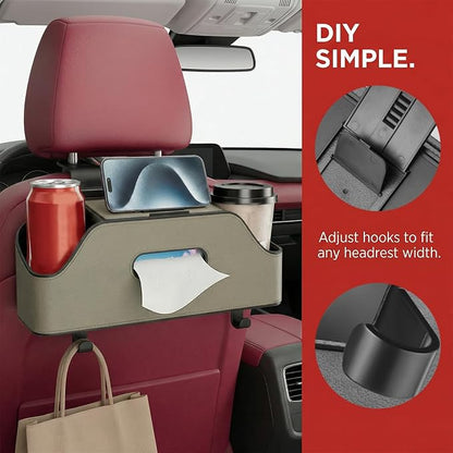 Car Backseat Headrest Organizer, Multifunctional 4-in-1 Back Seat Tissue Box with Cup Holders Hooks, Auto Seat Back Storage Organizer for Hold Phones, Drinks, Bags, Universal Fit (Beige)