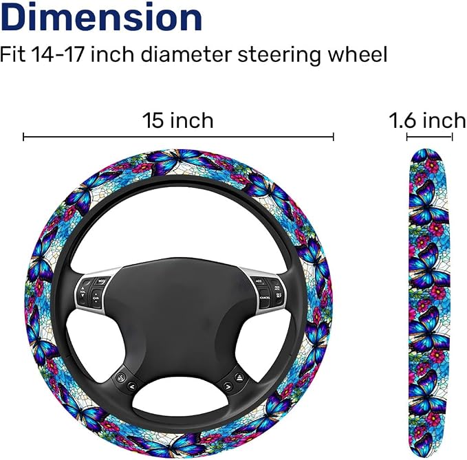 GENANY Blue Butterfly Steering Wheel Cover, Non Slip Polyester Car Wheel Protector for Car SUV Truck, Universal 15 Inch
