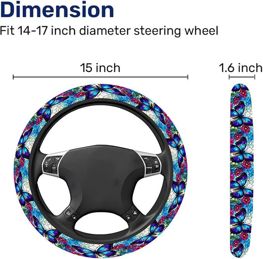 GENANY Blue Butterfly Steering Wheel Cover, Non Slip Polyester Car Wheel Protector for Car SUV Truck, Universal 15 Inch