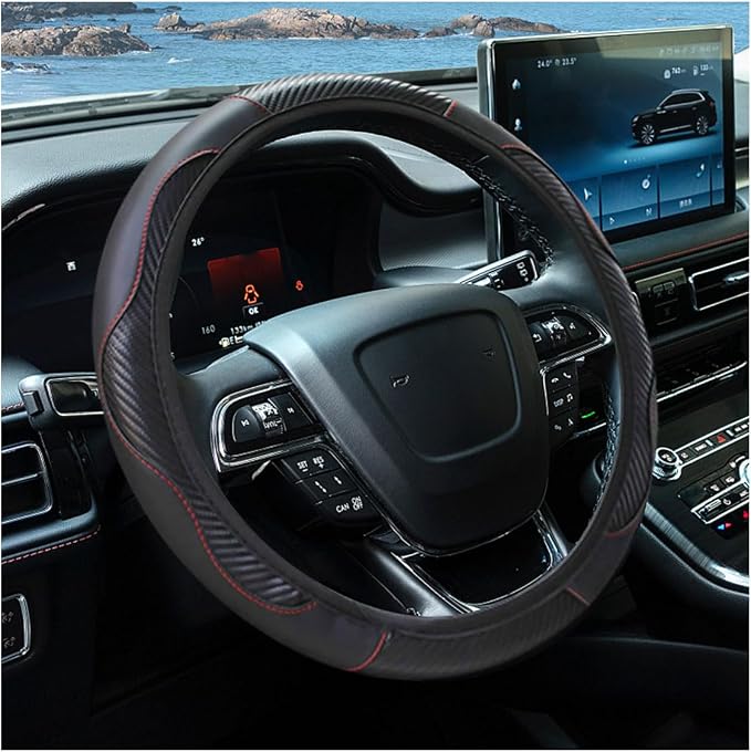 Car Steering Wheel Cover, 15 Inch Carbon Fiber Leather Elastic Steering Wheel Protector, Anti-Slip, Breathable & Soft Car Interior Accessories Universal for Most Cars, Men & Women (Black)