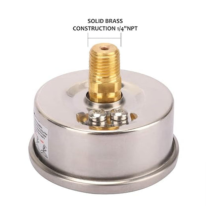 MEASUREMAN 2-1/2inch Dial Size, Liquid Filled Pressure Gauge, 0-60psi/400kpa, 304 Stainless Steel Case, 1/4inchNPT Back Mount