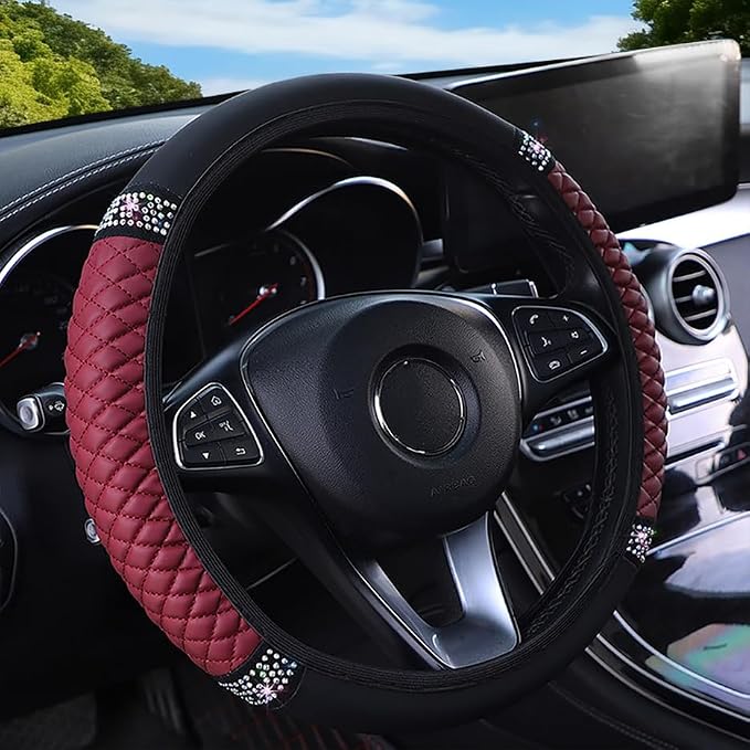 Microfiber Leather Steering Wheel Cover with Anti-Slip Lining Universal Car Accessory for Steering Wheel with a Diameter of 14.5-15 inch (Wine red)