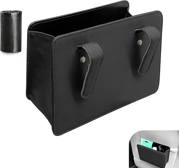 Car Trash Can, Leather Vehicle Trash Bin with 1 Roll Trash Bag, Mini Foldable Seat Back Hanging Storage Bag Container, Waterproof Car Door Storage Box, Universal for Most Cars (Black)