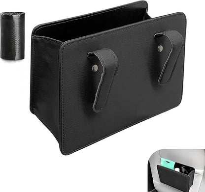Car Trash Can, Leather Vehicle Trash Bin with 1 Roll Trash Bag, Mini Foldable Seat Back Hanging Storage Bag Container, Waterproof Car Door Storage Box, Universal for Most Cars (Black)