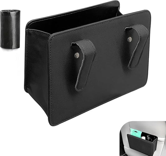 Car Trash Can, Leather Vehicle Trash Bin with 1 Roll Trash Bag, Mini Foldable Seat Back Hanging Storage Bag Container, Waterproof Car Door Storage Box, Universal for Most Cars (Black)