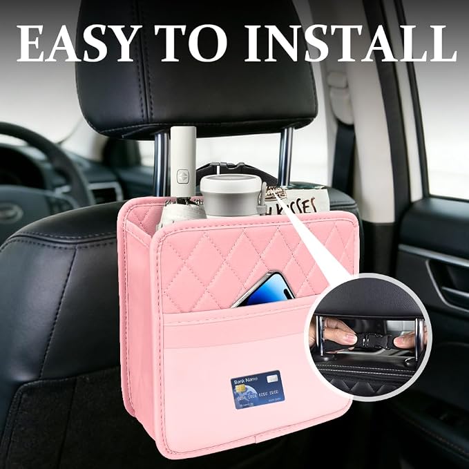 Car Seat Back Organizer, Leather Backseat Hanging Storage Bag, Multipurpose Car Hanging Trash Bag with 2 Compartments, Car Large Capacity Pouch Pocket for Kids & Adults (Pink/Transparent Bag)