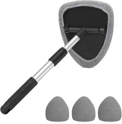 Windshield Cleaning Tool, Car Window Cleaner with Extendable Long Handle and 4 Washable Reusable Microfiber Pads, Auto Interior Exterior Glass Wiper Cleaning Kit Universal for Office and Home (Gray)