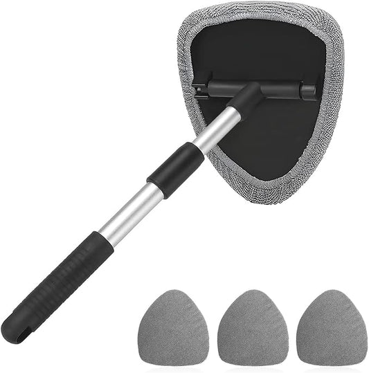 Windshield Cleaning Tool, Car Window Cleaner with Extendable Long Handle and 4 Washable Reusable Microfiber Pads, Auto Interior Exterior Glass Wiper Cleaning Kit Universal for Office and Home (Gray)