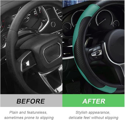 DXNQ Car Steering Wheel Cover, 15 Inch Carbon Fiber Leather Stitching Color Steering Wheel Protector, Anti-Slip Elastic Breathable Steering Wheel Cover Stylish Decor for Most Cars (Black Green)