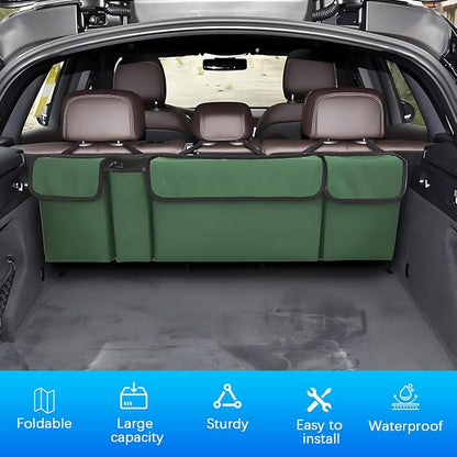 Car Trunk Organizer with Lid, Large Waterproof Vehicle Backseat Hanging Storage Bag with 4 Pockets & Adjustable Straps, Collapsible Automotive Interior Cargo Bag, Universal Fit (Green)