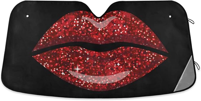 Woman Red Lips Glitter Car Windshield Sun Shade Foldable UV Ray Sun Visor Protector Sunshade to Keep Your Vehicle Cool (55" x 27.6")