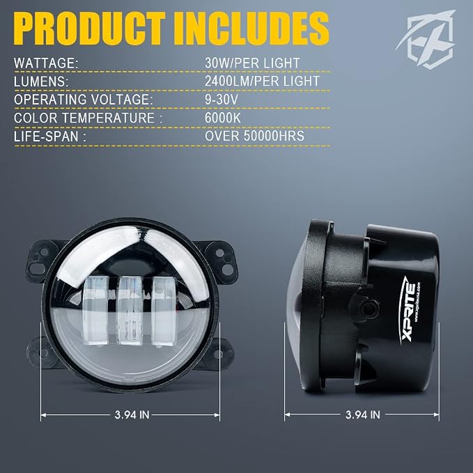 Xprite 4" Inch Amber LED Fog Light Compatible with 2007-2018 Jeep Wrangler JK JKU, Driving Offroad Foglights, DOT Approved Front Bumper Replacements Fog Lamps, Amber