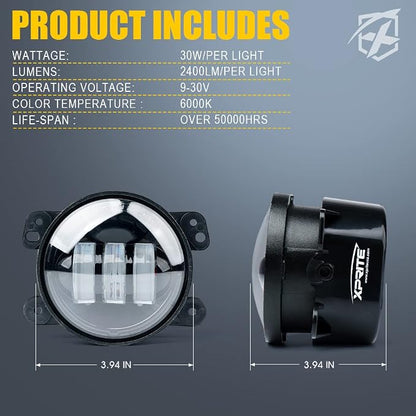 Xprite 4" Inch Amber LED Fog Light Compatible with 2007-2018 Jeep Wrangler JK JKU, Driving Offroad Foglights, DOT Approved Front Bumper Replacements Fog Lamps, Amber