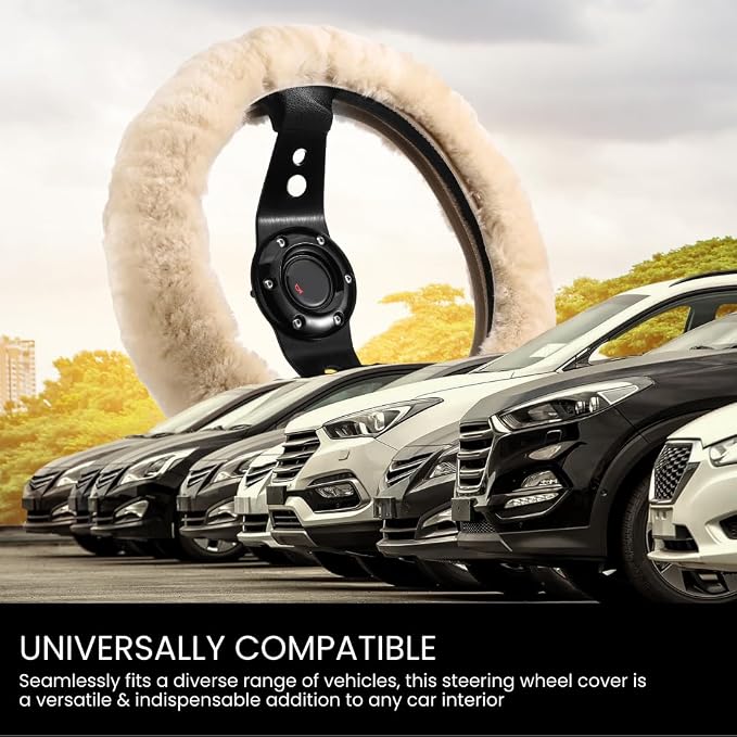 Andalus Brands Luxury Fluffy Car Steering Wheel Covers – Genuine Merino Sheepskin, Soft Fuzzy Car Steering Wheel Cover for Women, Universal 14.5-15" Size, Plush Fur Cute Auto Accessories, Pearl