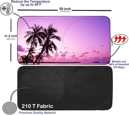 Gven Sunshade for Car Windshield with Tropical Palm Tree Design- UV Protection& Heat Blocking Sunshade for Cars Sedan SUV Truck| Keep Car Cool in Summer Beach Vacation Style (Sunset, S)