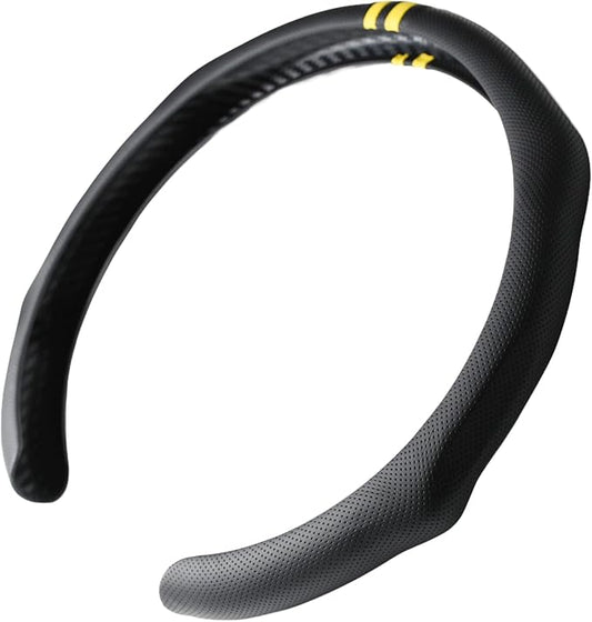 Quick Install Sporty Perforated Nappa Leather Steering Wheel Cover with Yellow Stripes Universal fit 14½" to 15" Car SUV Pickup Steering Wheel