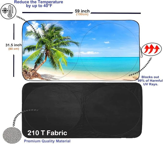 Gven Windshield Sun Shade for Car Front Window Cover Sunshades Visor Automotive Sun Shield for Compact Sedan, SUV, Midsize Sedan, Small Pickup Blocks UV Rays Keep Your Vehicle Cool (Palm Tree, S)