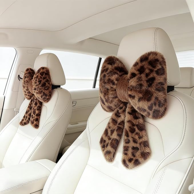 Sexysamba 2 Pcs Plush Bow Car Headrest Neck Pillow Cute Bow Pillow for Car Seat Décor Soft Neck Support for Comfortable Driving Traveling Office Fluffy Head Rest Cushion, Leopard Print