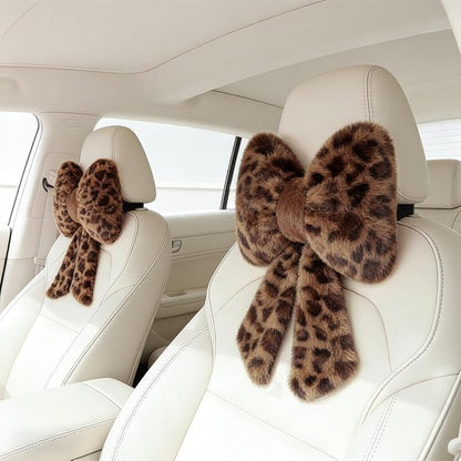 Sexysamba 2 Pcs Plush Bow Car Headrest Neck Pillow Cute Bow Pillow for Car Seat Décor Soft Neck Support for Comfortable Driving Traveling Office Fluffy Head Rest Cushion, Leopard Print
