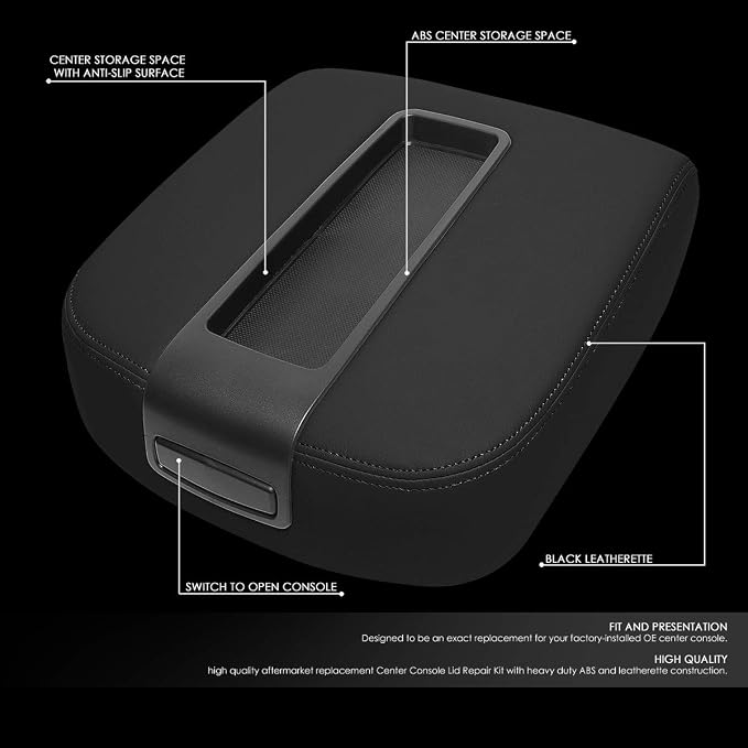 Auto Dynasty Black Leather Center Console Lid Armrest Cover Compatible with 2007-2014 Chevy Avalanche Silverado Tahoe Yukon XL Sierra